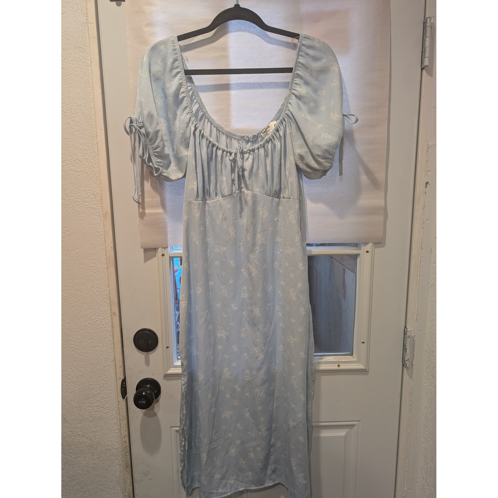 PacSun Floral Midi Dress Cottagecore Puff Sleeve Tie Light Blue M‎ 0174
